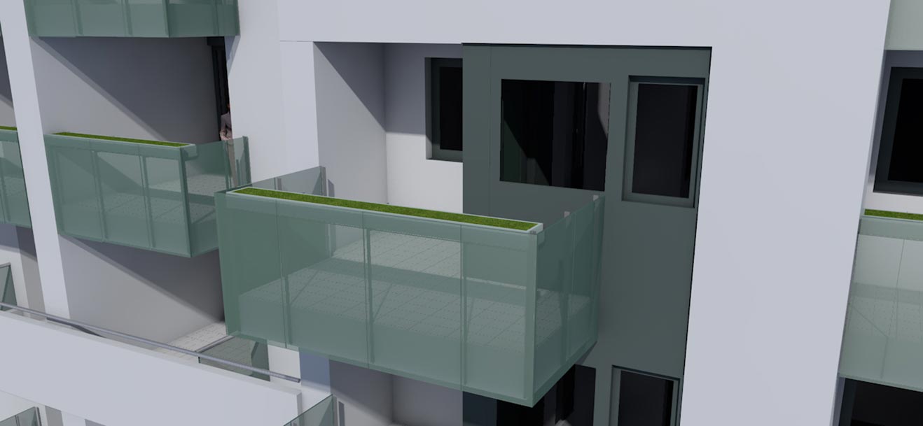 3d Modell eines Balkons eines von Habitat entworfenen Gebäudes