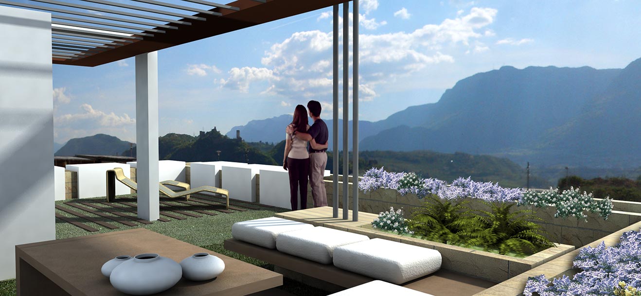 esempio di un balcone realizzato da Habitat con una coppia che ammira il panorama